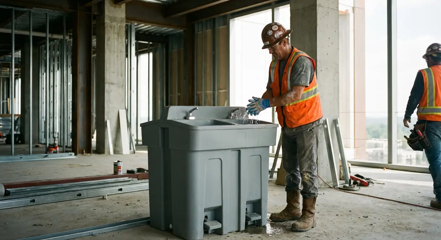 A dual-basin hand wash station positioned on a concrete floor of a high-rise construction site with the city skyline visible through open steel framing. in New Haven, CT