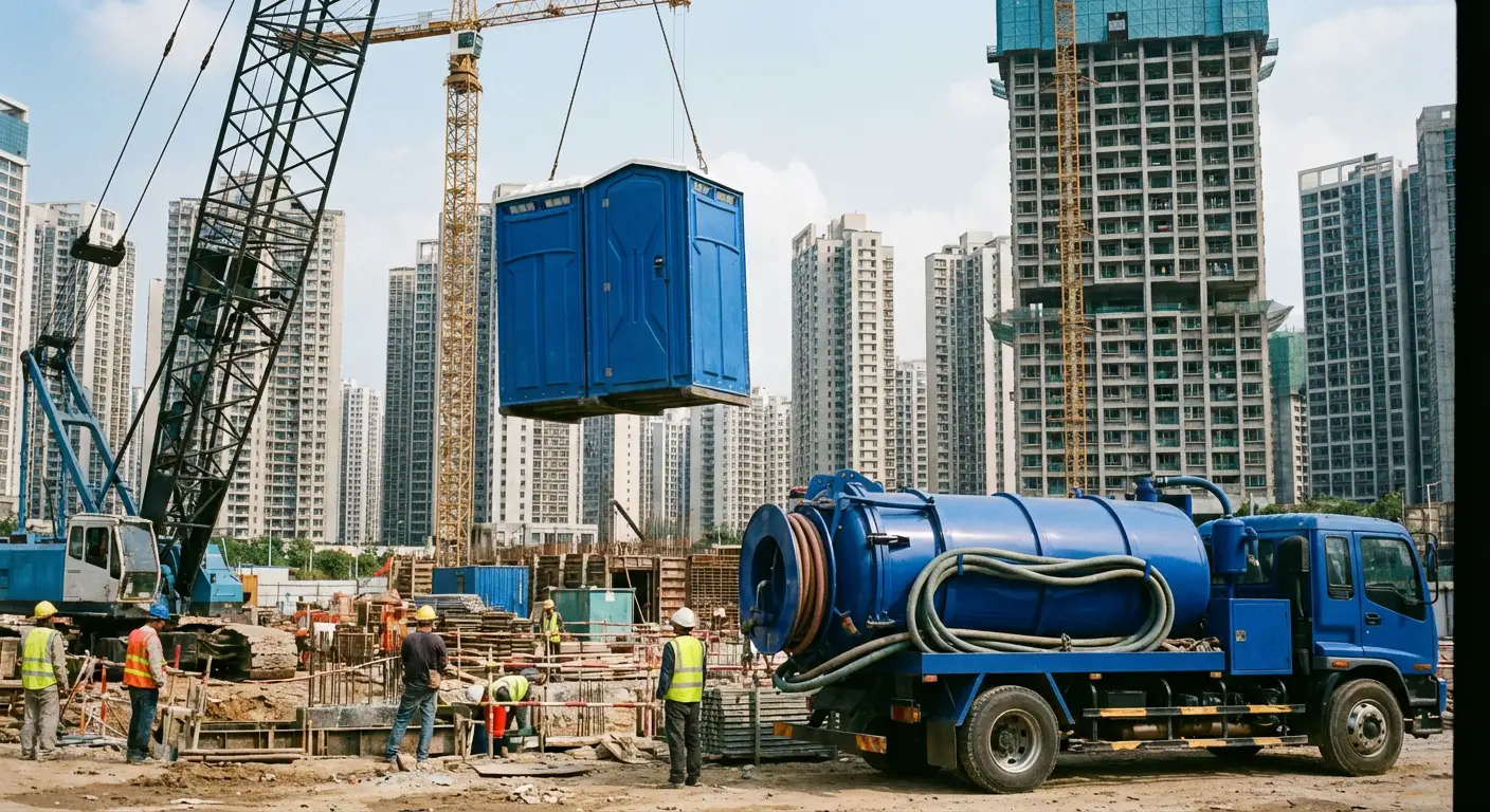 A High-Rise Crane Liftable Toilet unit suspended in mid-air by a crane against a city skyline during the day, showcasing the steel sling attachment. in New Haven, CT