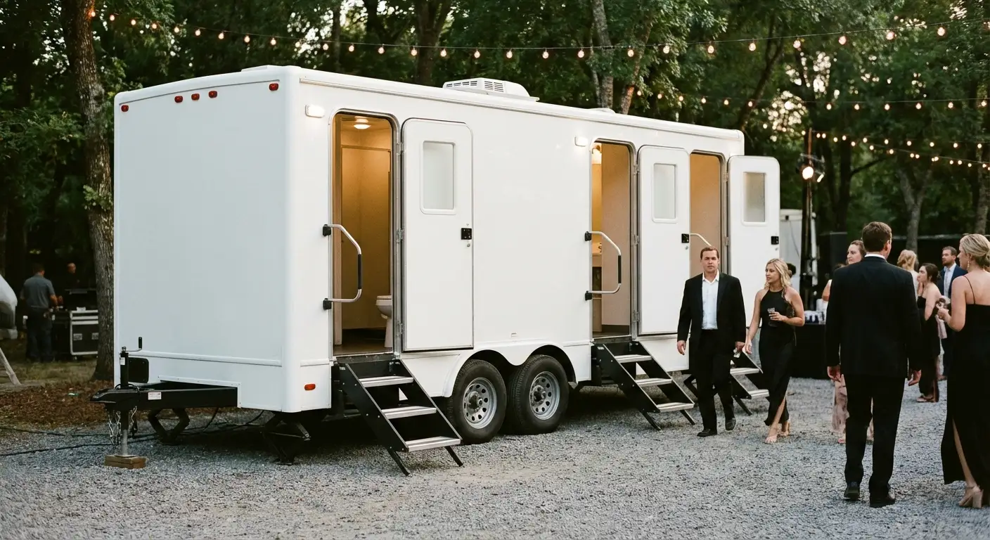 Exterior of a Luxury Restroom Trailer at an evening event, warm lighting spilling from the door, positioned discreetly near a manicured lawn. in New Haven, CT
