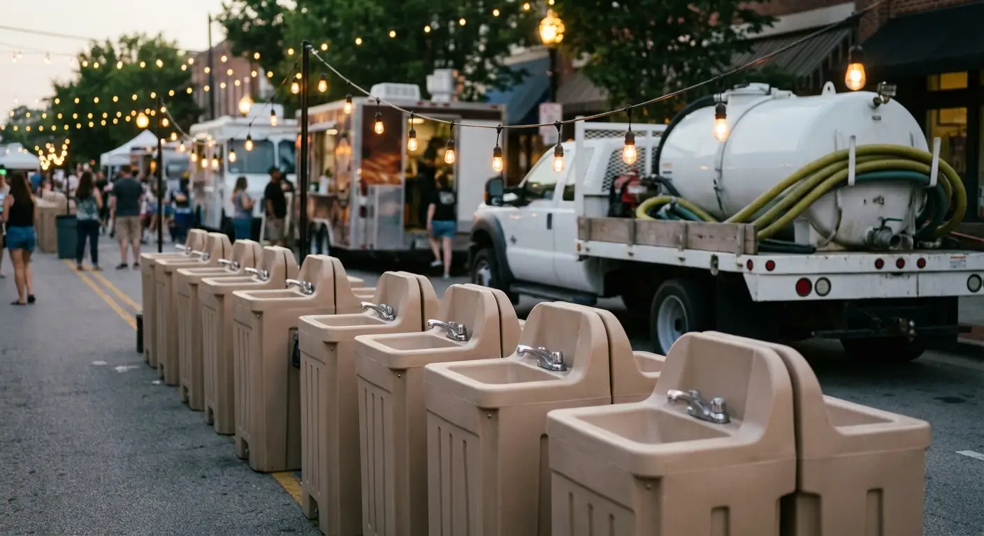 A row of clean, grey portable hand wash stations set up on pavement near food trucks, with blurred festival lights and crowd in the background. in New Haven, CT