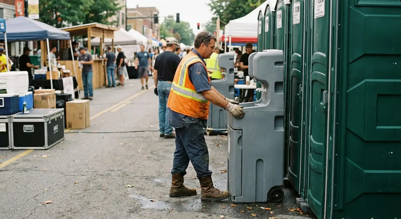 A row of pristine Special Event Portable Restrooms and hand wash stations lined up along a festival barrier with blurred crowds in the background. in New Haven, CT