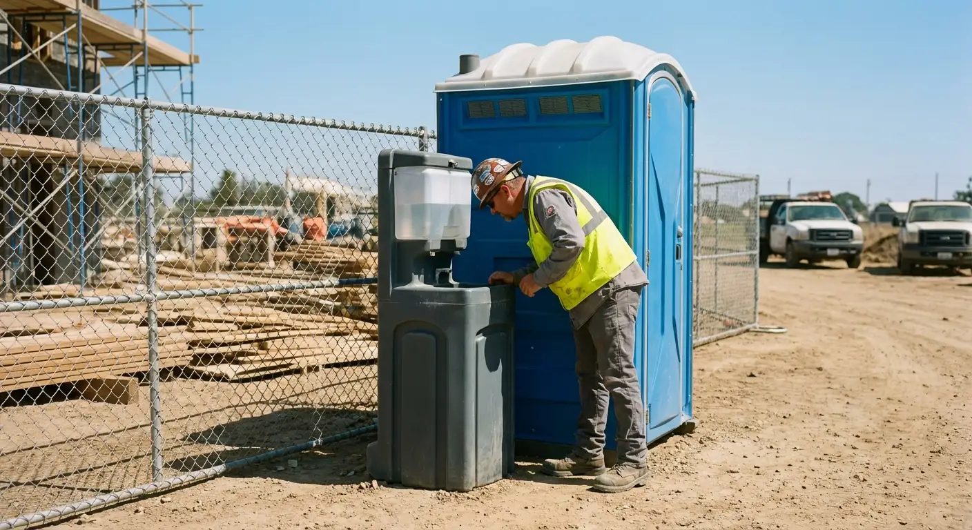 A close-up view of a portable hand wash station next to a portable toilet on a dirt construction site, focusing on the foot pump mechanism. in New Haven, CT