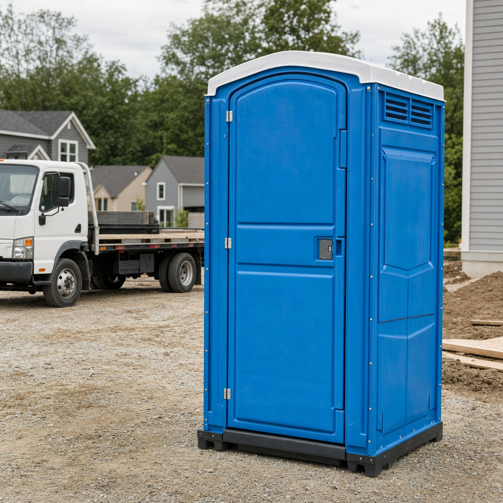 Delivery driver positioning a clean royal-blue portable toilet on level ground at a New Haven worksite